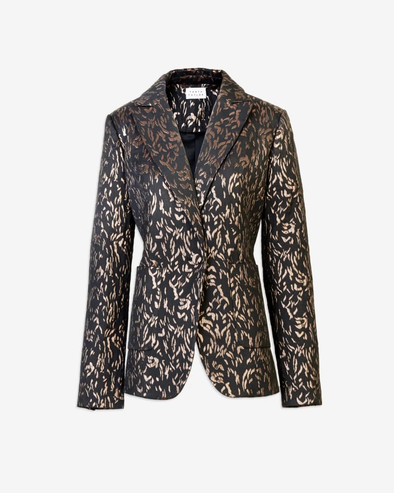Front of a size 12 Jared Jacket in Black/Bronze by Tanya Taylor. | dia_product_style_image_id:316690